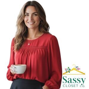 LOFT Pink Blouse Cutout Neckline Blouson Sleeves Shirred Bodice Size M